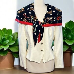 VTG 80s Donna Morgan for Non Stop White Nautical Blazer w/ attached Scarf sz 12
